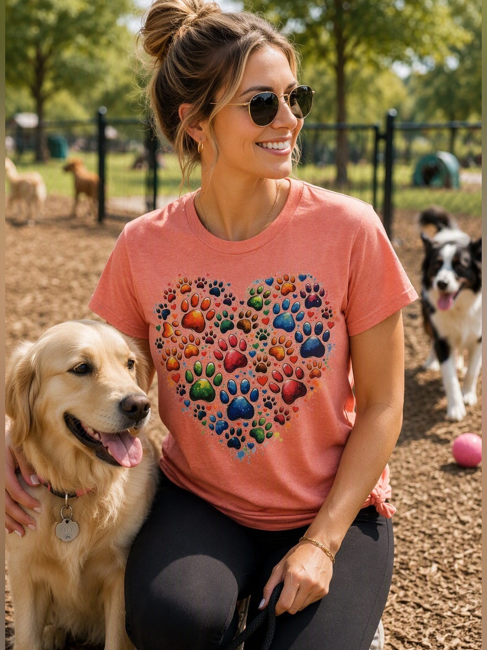 Colorful Paw Print Heart Design Graphic Tee